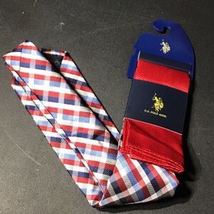 U.S. Polo Assn. Red, White, and Blue Checkered Tie With Pocket Square